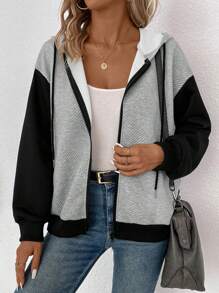 SHEIN LUNE 雙色落肩袖抽繩拉鍊連帽夾克 - 黑色 - 查看 5