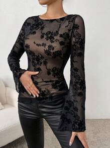 SHEIN Privé In hoa tay áo lá sen Áo thun - màu đen - Xem 5