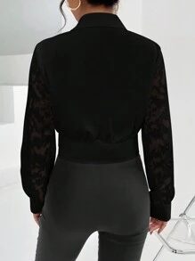 SHEIN Privé 蕾絲拼接青果領短款襯衫 - 黑色 - 查看 2