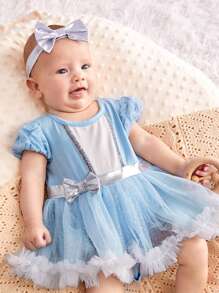 SHEIN Newborn Baby Girls' Puff Sleeve Dress With Bowknot & Mesh Skirt, With Headband 2pcs/Set - Baby Blue - View 4