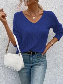 SHEIN LUNE Của phụ nữ Cổ chữ V Áo chui đầu Áo len - Màu xanh lam - Xem 4