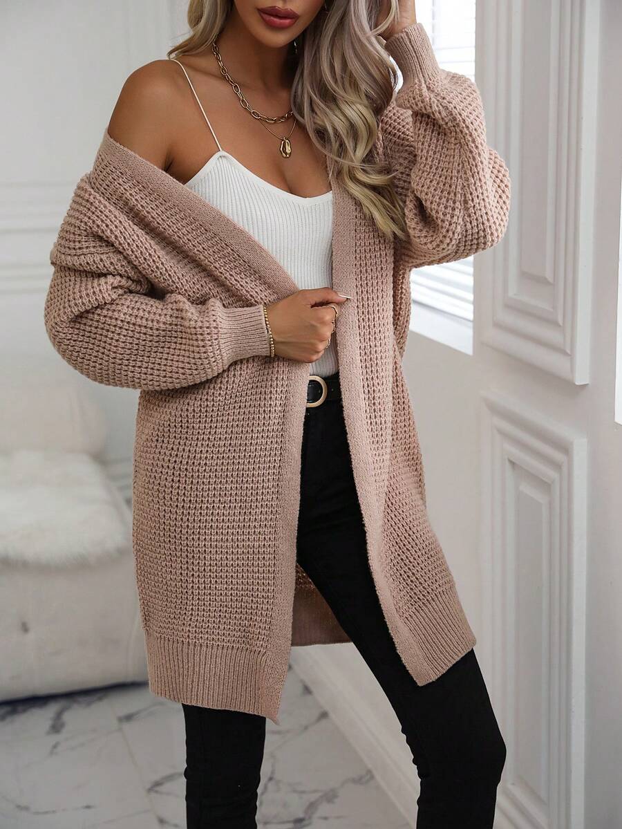 SHEIN LUNE 落肩休闲设计开衫 - 卡其色 - 查看 1