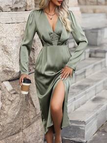 SHEIN Clasi Women's Deep V-neck Pleated Woven Dress - Green - View 4