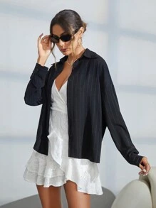 SHEIN Essnce Thả vai Nút phía trước Áo sơ mi - màu đen - Xem 6