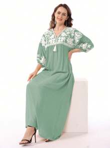 RAMADAN Floral Embroidered Patchwork Tasseled Drop Shoulder Arabian Women Elegant Dress JALABIA 2025 Spring Summer Eid Al Adha,Modest