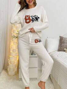 小熊英文繡花法蘭絨套裝 - 白色 - 查看 6