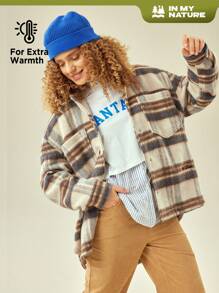 In My Nature Plaid Print Drop Shoulder Hooded Jacket - Blue - View 1