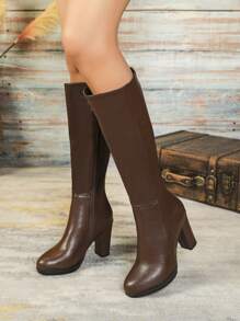 女士厚底高跟棕色靴子，带裙摆，防水厚底过膝休闲简约黑色连衣裙高筒靴，秋冬风格，派对装扮 - 棕色 - 查看 4