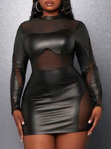 Slaydiva 大码女式网眼撞色紧身连衣裙 - 黑色 - 查看 2