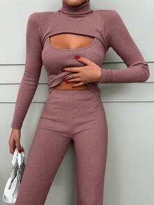 RueChic Cổ cao Xu hướng: Cắt giảm Áo thun Và Quần - Bụi hồng - Xem 5