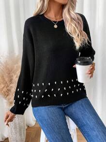 EMERY ROSE Women's Faux Pearl Decor Round Neck Knit Pullover Fall Winter Sweater - Black - View 6