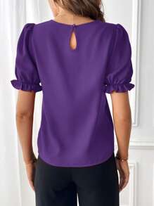 SHEIN Essnce Solid Puff Sleeve Blouse,Short Sleeve Tops - Violet Purple - View 3