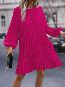 SHEIN Clasi Lantern Sleeve Pleated Hem Dress - Hot Pink - View 1