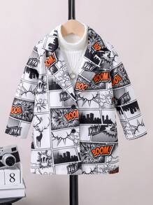 SHEIN Young Boy Comics Print Lapel Neck Overcoat Without Sweater - Black and White - View 1