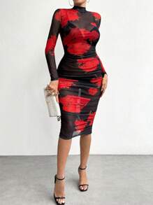 SHEIN Privé Floral Print Mock Neck Ruched Mesh Bodycon Dress Without Lingerie Set - Multicolor - View 5