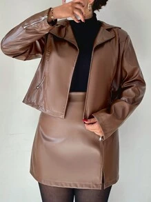 RueChic Women's Plus Size Pu Leather Two-piece Set With Solid Color And Simple Lapel Collar Design - Camel - View 1