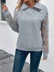 SHEIN LUNE 撞色蕾丝袖落肩拉链细节套头衫秋季卫衣 - 灰色 - 查看 4