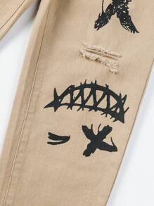 Tween Boy Letter & Cartoon Graphic Ripped Jeans - Apricot - View 3