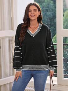 SHEIN Frenchy 大尺碼下垂袖v領條紋毛衣 - 黑色 - 查看 5