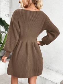 SHEIN Clasi Beaded Lantern Sleeve Sweater Dress - Coffee Brown - View 2
