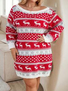 Calvaya Plus Christmas Pattern Boat Neck Sweater Dress - Red and White - View 4