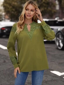 EMERY ROSE Tương phản Schiffy Đường viền cổ có rãnh Tay áo lồng đèn Áo sơ mi - xanh quân đội - Xem 4