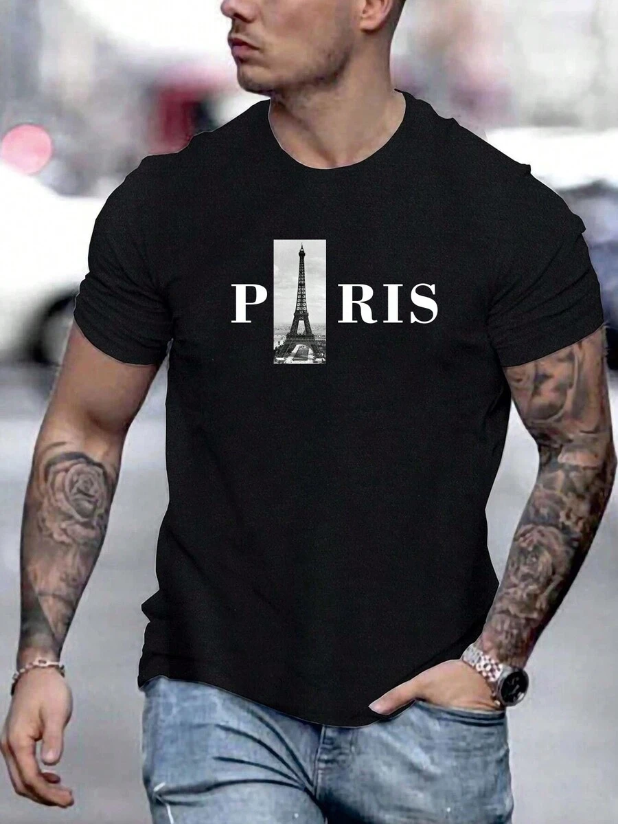 Nam Tòa tháp & Đồ họa Chữ cái Áo thun - màu đen - Xem 1