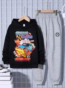 SHEIN Tween Boy Car & Letter Graphic Hoodie & Sweatpants - Black - View 1