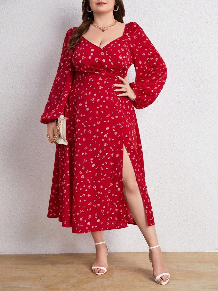 SHEIN Frenchy Vestidos Tallas Grandes Envolvente Abertura alta Fruncido floral de margarita Bohemio - Rojo - Ver 1