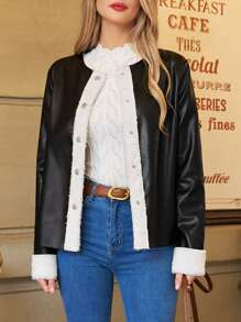 SHEIN Frenchy 毛皮內裝單排扣長袖外套 - 黑色 - 查看 1