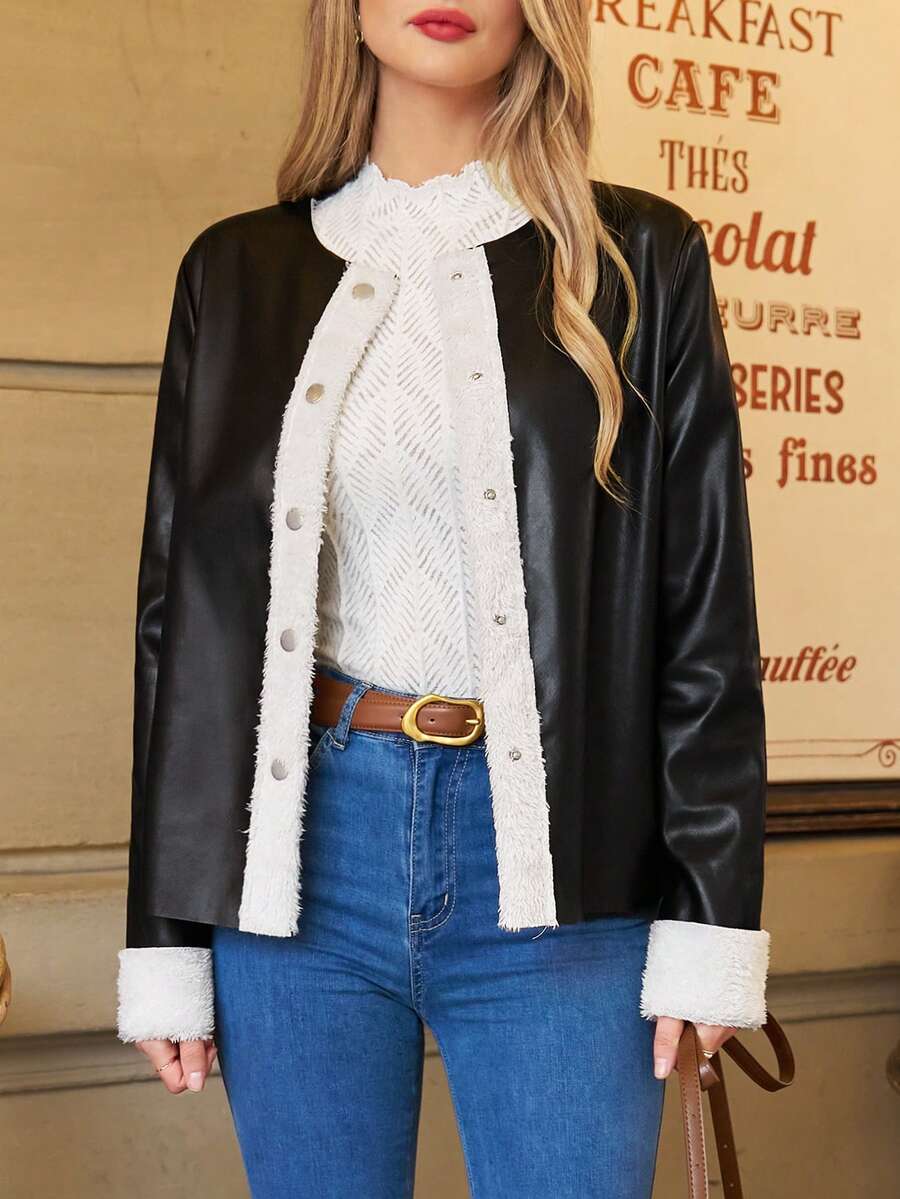 SHEIN Frenchy 毛皮內裝單排扣長袖外套 - 黑色 - 查看 1