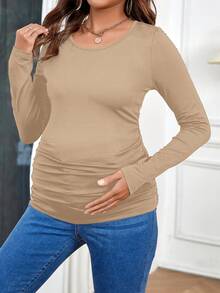 SHEIN 孕婦素色褶邊T恤 - 杏色 - 查看 4