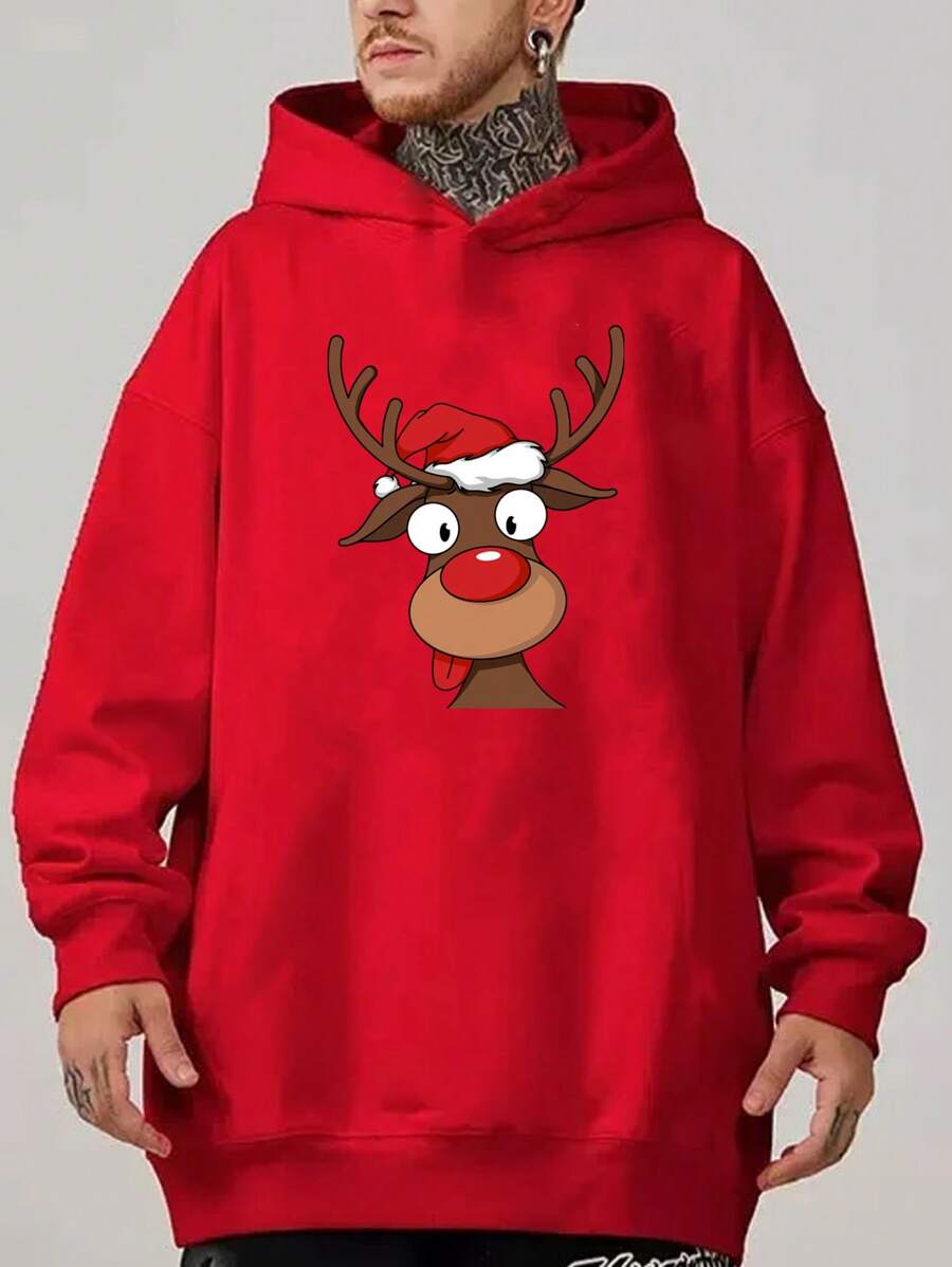 男士加大尺碼鬆身聖誕印花下垂肩帽衫 - 紅色 - 查看 1