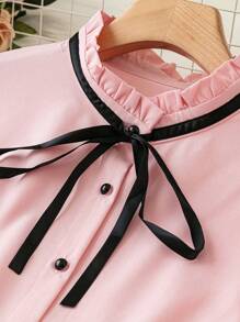SHEIN LUNE 大碼繫帶領百褶細節褶邊繫帶領泡泡袖襯衫 - 粉色 - 查看 5