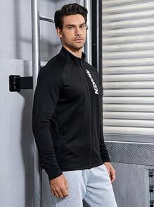 Manfinity Sport Corelite 男式字母印花运动夹克 运动上衣 运动夹克 - 黑色 - 查看 4