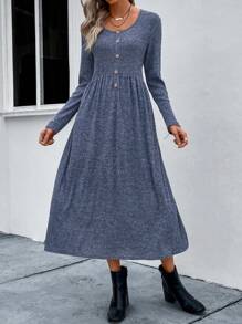 EMERY ROSE Dệt kim Marled Chi tiết Nút Đầm - Màu xanh lam - Xem 1