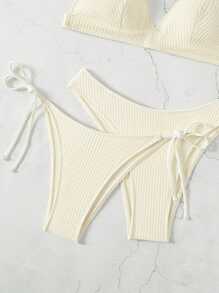 SHEIN Swim Summer 3pcs/Set Rib Knit Bikini Set - Beige - View 4