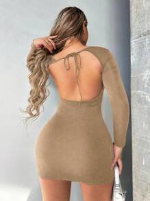 SHEIN SXY 素色緊身洋裝 - 卡其色 - 查看 5