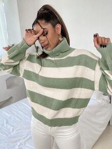 SHEIN Unity 高领条纹撞色针织套头衫秋冬毛衣 - 彩色 - 查看 7