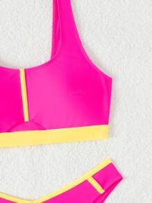 SHEIN Swim SPRTY 女士拼色比基尼套裝 - 粉色 - 查看 3