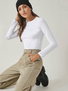 Cottnline Solid Round Neck Fitted Tee - White - View 1