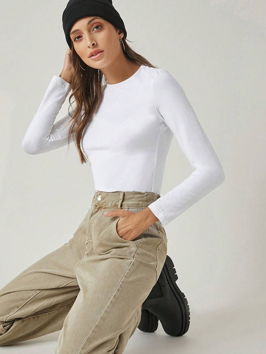 Cottnline Solid Round Neck Fitted Tee - White - View 1