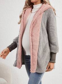 SHEIN Maternity Two Tone Hooded Teddy Coat, For Winter - Pink - View 5