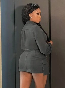 Slaydiva Button Front Crop Shirt & Flap Pocket Skirt - Grey - View 3