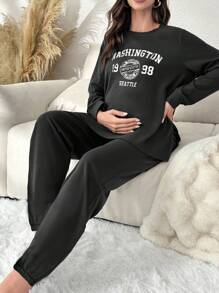 SHEIN Thai sản Đồ họa Chữ cái Bộ áo Tee & quần Lounge - màu đen - Xem 4