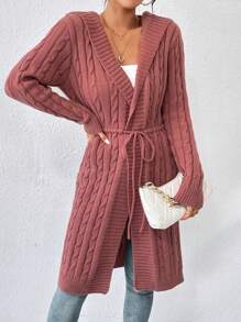 SHEIN Essnce Xoắn Dan áo có mũ Thắt lưng Áo len Mở - Gỗ đỏ - Xem 1