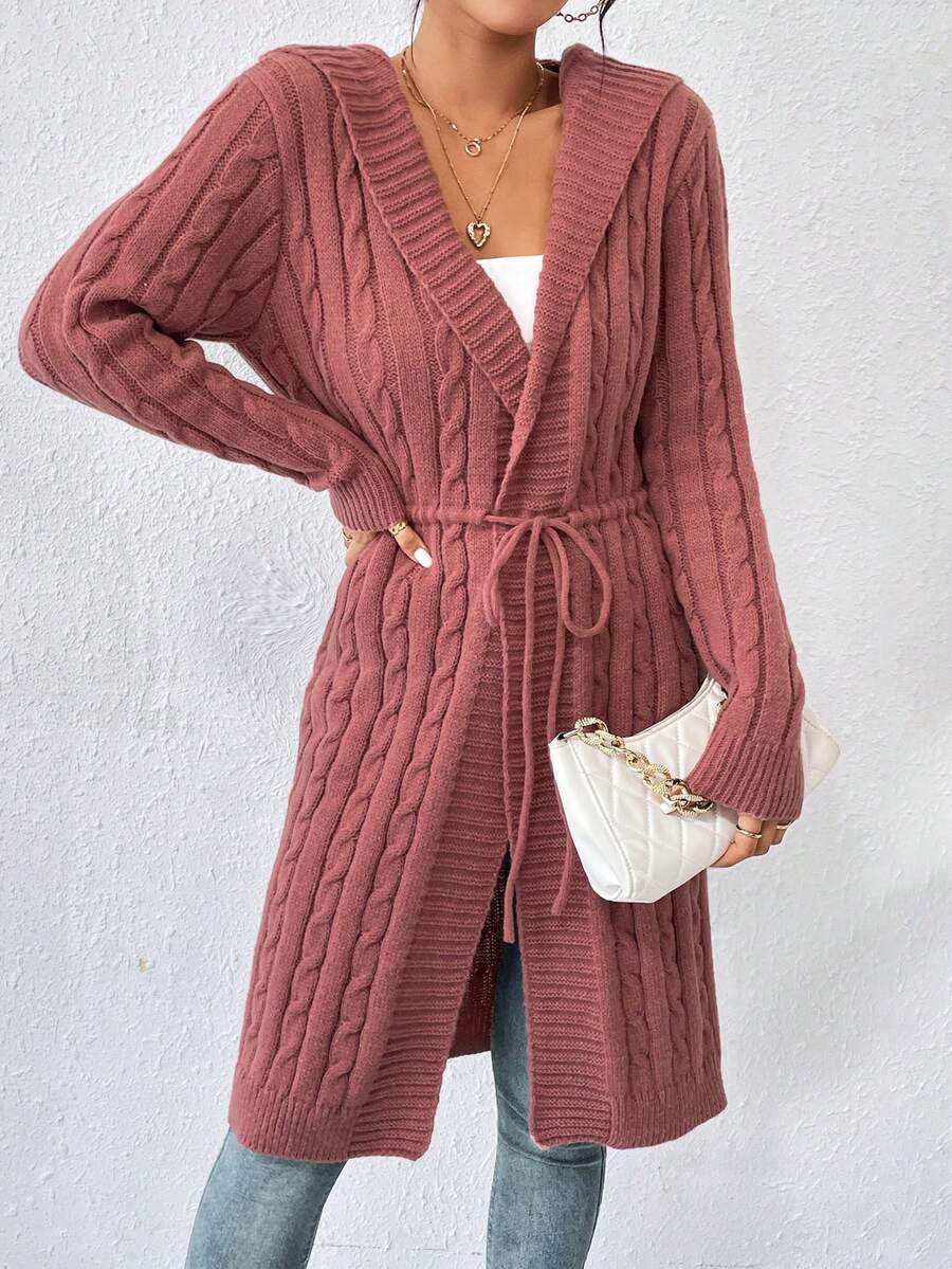 SHEIN Essnce Xoắn Dan áo có mũ Thắt lưng Áo len Mở - Gỗ đỏ - Xem 1