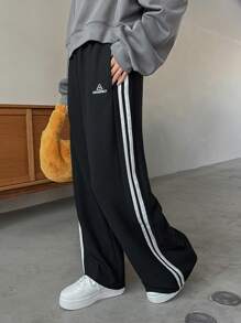 FRIFUL Letter Graphic Contrast Tape Side Pants - Black - View 3