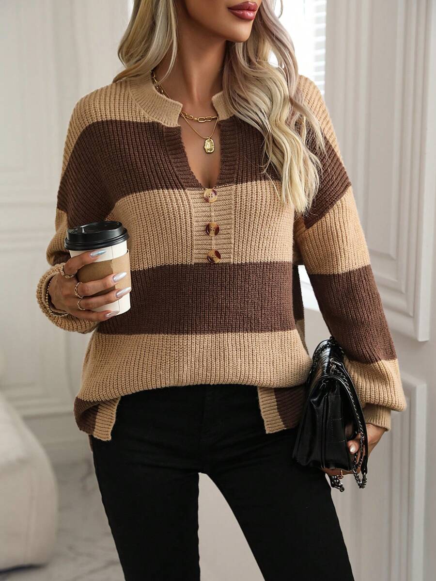 SHEIN LUNE Hai tông màu Sọc Thả vai Áo len Với Cổ áo có khía - Màu Khaki - Xem 1