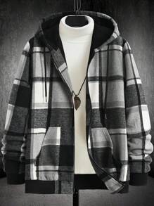 Manfinity Homme Loose Men's Woolen Hooded Overcoat With Grid Pattern And Lining - Black - View 3